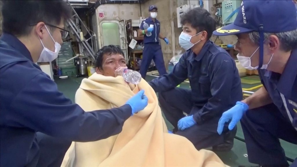 A Filipino crew member from the missing livestock ship, Gulf Livestock 1, is seen after being rescued by the Japan Coast Guard off the coast of Japan, in this still image taken from video Sep. 2, 2020 and provided by Japan Coast Guard. (File photo/AFP)