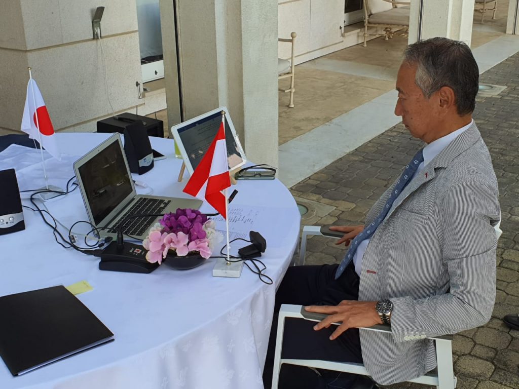 The Japanese Ambassador to Lebanon Takeshi Okubo at the virtual inauguration ceremony for the Japan-supported MAG mine clearance project in Lebanon. (Embassy of Japan in Lebanon)