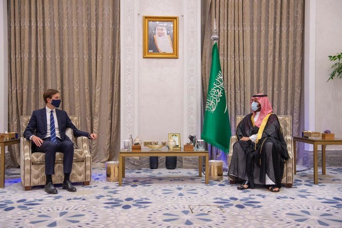 Saudi Arabia’s Crown Prince Mohammed bin Salman meets with White House senior adviser Jared Kushner in Neom. (SPA)