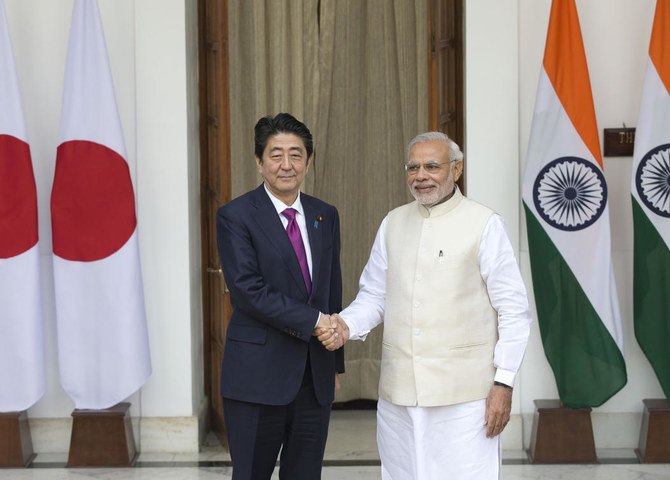 Abe, who is stepping down because of a chronic health problem, and Prime Minister Narendra Modi welcomed an agreement between the armies of the two countries that will give them access to each other’s bases for supplies and services. (AP Photo/File)