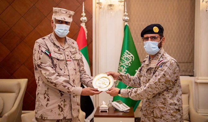 Saudi Arabia and the UAE’s top military brass held a meeting at the Joint Forces Headquarters in Riyadh on Monday to review operations in Yemen. (SPA)