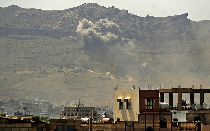 Airstrike by the Saudi-led coalition in the Yemeni capital Sanaa, on July 1, 2020. (File/AFP)
