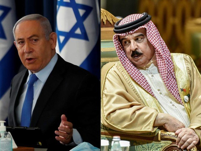 Above, Israeli Prime Minister Benjamin Netanyahu, left, and King Hamad of Bahrain. (AFP)