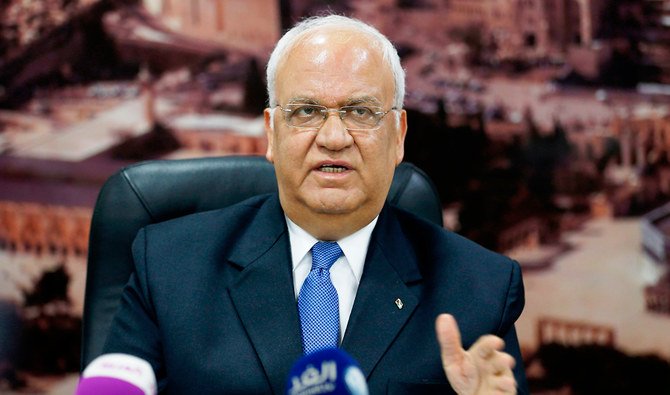 Palestine Liberation Organisation's Secretary General Saeb Erekat speaks to journalists during a press conference in the West Bank city of Ramallah on June 24, 2018. (AFP)