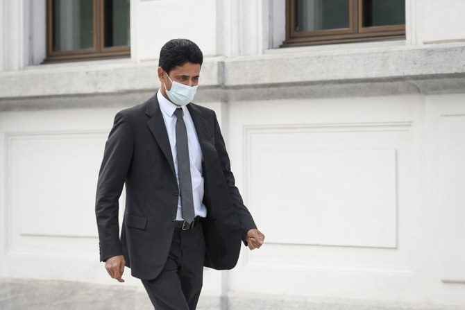 Paris Saint-Germain chief Nasser Al-Khelaifi arrives at the Swiss Federal Criminal Court for his corruption trial. (AFP)