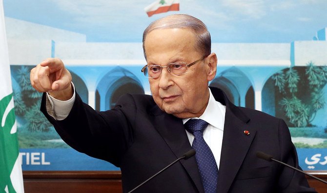 A handout picture provided by the Lebanese photo agency Dalati and Nohra on September 21, 2020, shows President Michel Aoun talking to the press at the presidential palace in Baabda, east of the capital, regarding ongoing consultations to form a new cabinet. (AFP)