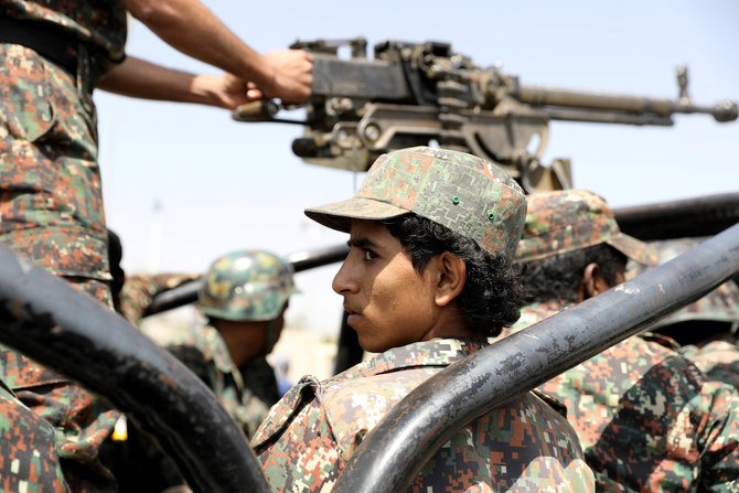 Houthi security forces in Sanaa on Tuesday. The US called on the militants to stop carrying out acts of aggression. (Reuters)