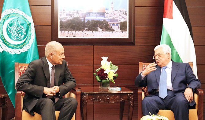 Arab League Secretary-General Ahmed Aboul Gheit holds talks with Palestinian President Mahmoud Abbas in the West Bank city of Ramallah last year. (File/AFP)