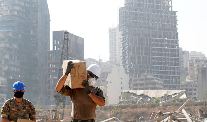 A member of the French military works at the damaged site of the massive August 4, blast in Beirut's port area, in Beirut on August 31, 2020. (AFP)