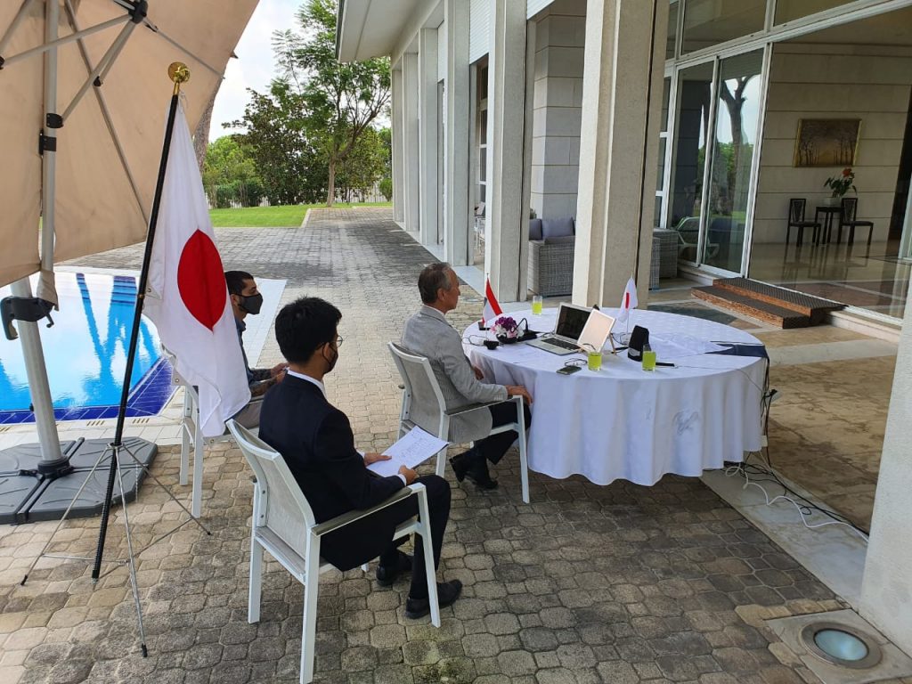 The Japanese Ambassador to Lebanon Takeshi Okubo at the virtual inauguration ceremony for the Japan-supported MAG mine clearance project in Lebanon. (Embassy of Japan in Lebanon)