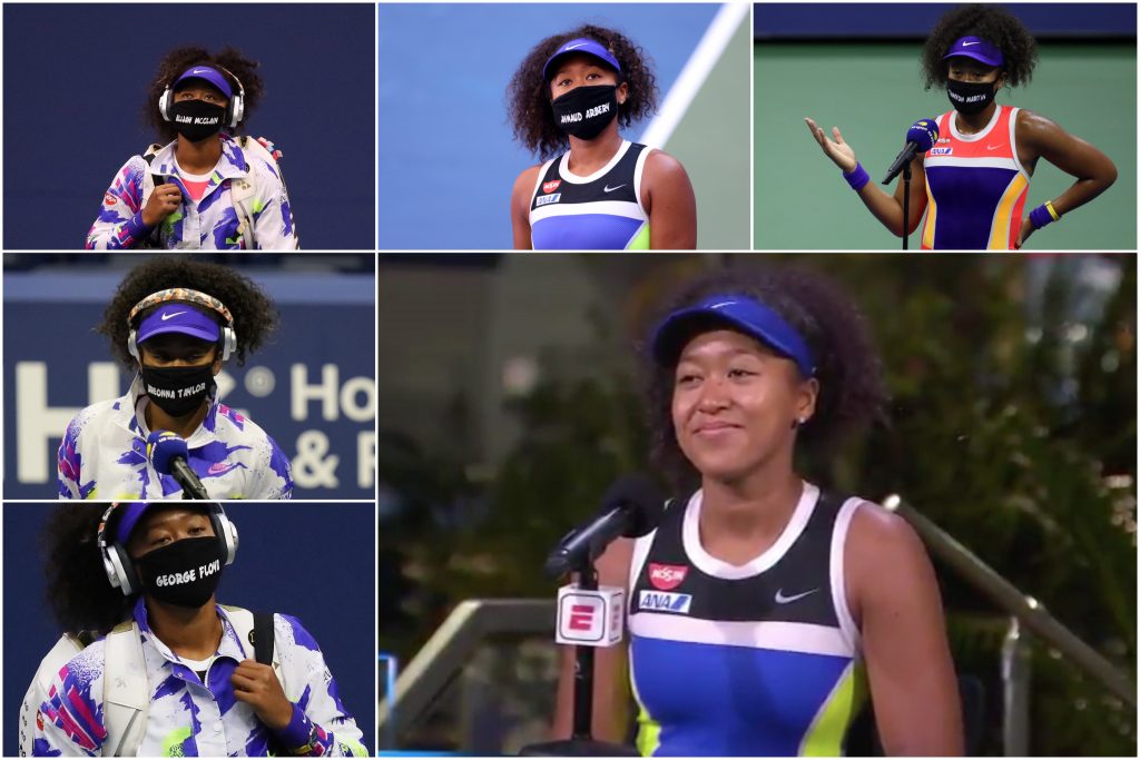 Throughout the US Open, Japanese tennis player Naomi Osaka has worn face masks emblazoned with the names of Ahmaud Arbery, Breonna Taylor, Elijah McClain, George Floyd, and Trayvon Martin to highlight racial injustice in the US to a wider audience. (AFP)