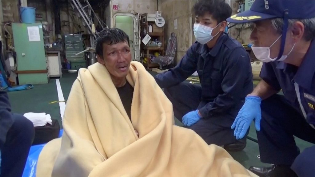 A Filipino crew member from the missing livestock ship, Gulf Livestock 1, is seen after being rescued by the Japan Coast Guard off the coast of Japan, in this still image taken from video Sep. 2, 2020 and provided by Japan Coast Guard. (File photo/AFP)