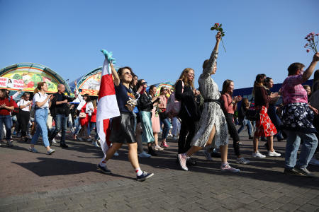 People take part in an opposition rally to reject the presidential election results and to protest against the inauguration of President Alexander Lukashenko in Minsk, Belarus, on Saturday. (Reuters)