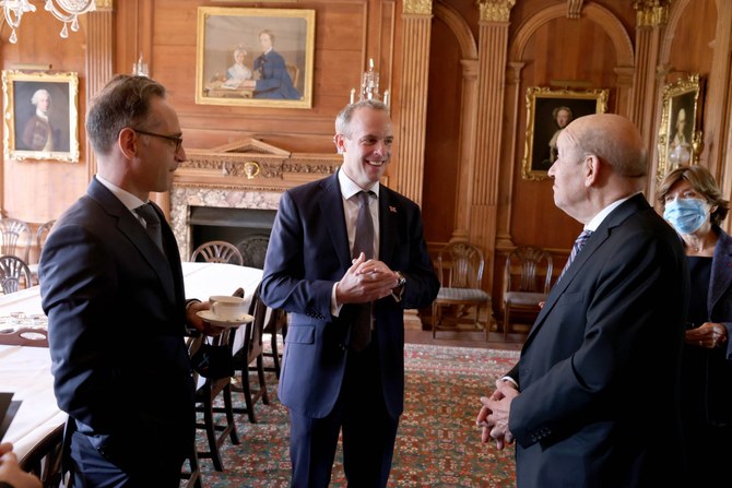 The foreign ministers of Britain, France and Germany Dominic Raab, Jean-Yves Le Drian and Heiko Maas meet on Thursday. (@DominicRaab)