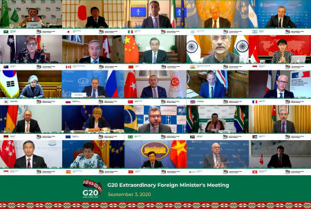 This handout picture released by G20 Saudi Arabia on September 3, 2020 shows Saudi Foreign Minister Prince Faisal bin Farhan (top left) addressing the extraordinary virtual meeting of G20 Foreign Ministers to discuss enhancing international cooperation to recover from the impacts of the COVID-19 coronavirus pandemic as well as strengthening preparedness for future pandemics. (AFP)