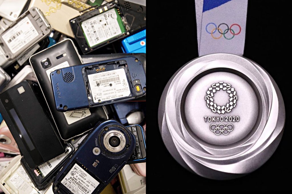 Recycled electronic waste from discarded smartphones, appliances, digital cameras and other handheld devices (L) was utilized to forge the 2020 Tokyo Olympic medals (R). (AFP)