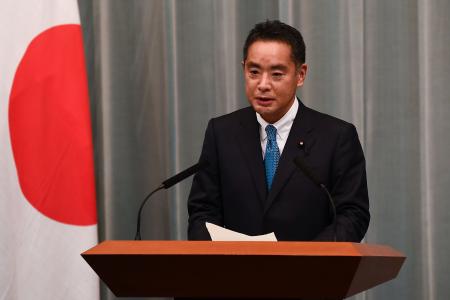 Newly appointed Japan's Minister for the 2025 World Exposition in Osaka Shinji Inoue delivers a speech during a press conference at the Prime Minister's office in Tokyo on September 17, 2020. (AFP)