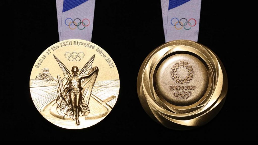 The bronze medal for the Tokyo 2020 Olympic Games, which were unveiled during a ceremony marking one year before the start of the games in Tokyo, July. 24, 2019. (AFP)