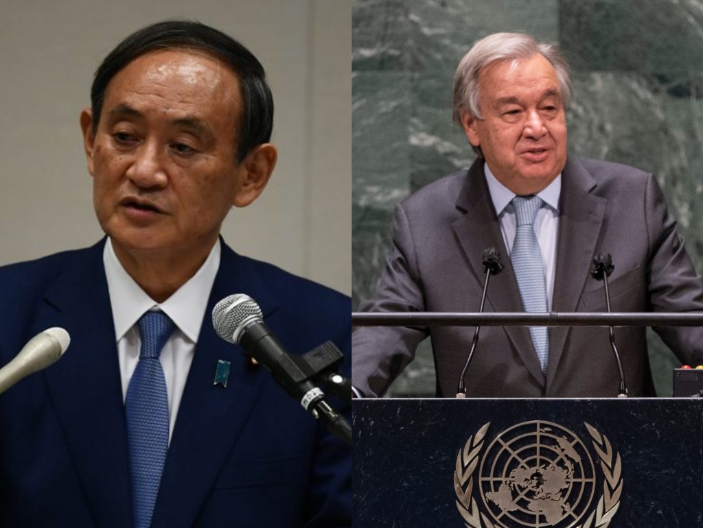 In his first telephone talks with Antonio Guterres (R) as the national leader, Suga (L) said Japan is focused on multilateralism and aims to realize the rule of law through the concept of 