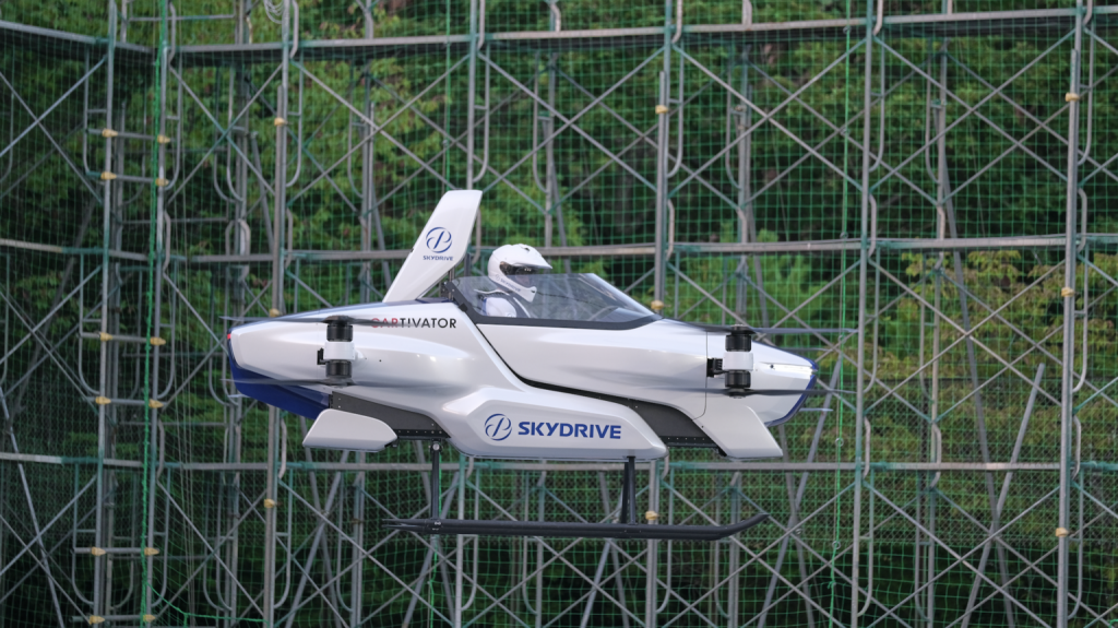 The SD-03 model by SkyDrive, a Toyota-backed start-up, completed a manned test flight of its electrical vertical takeoff and landing machine. (SkyDrive)