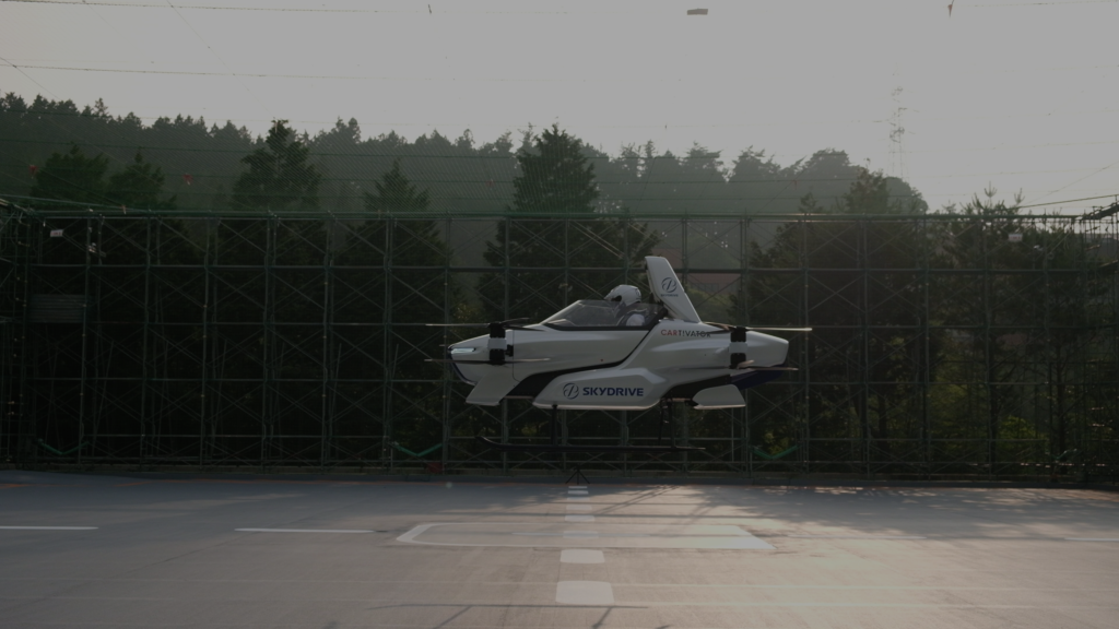 The SD-03 model by SkyDrive, a Toyota-backed start-up, completed a manned test flight of its electrical vertical takeoff and landing machine. (SkyDrive)