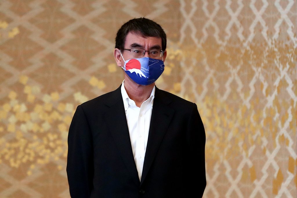 Japan’s Administrative Reform Minister Taro Kono delivers a speech during a press conference at the Prime Minister's office in Tokyo, Sep. 17, 2020. (AFP)
