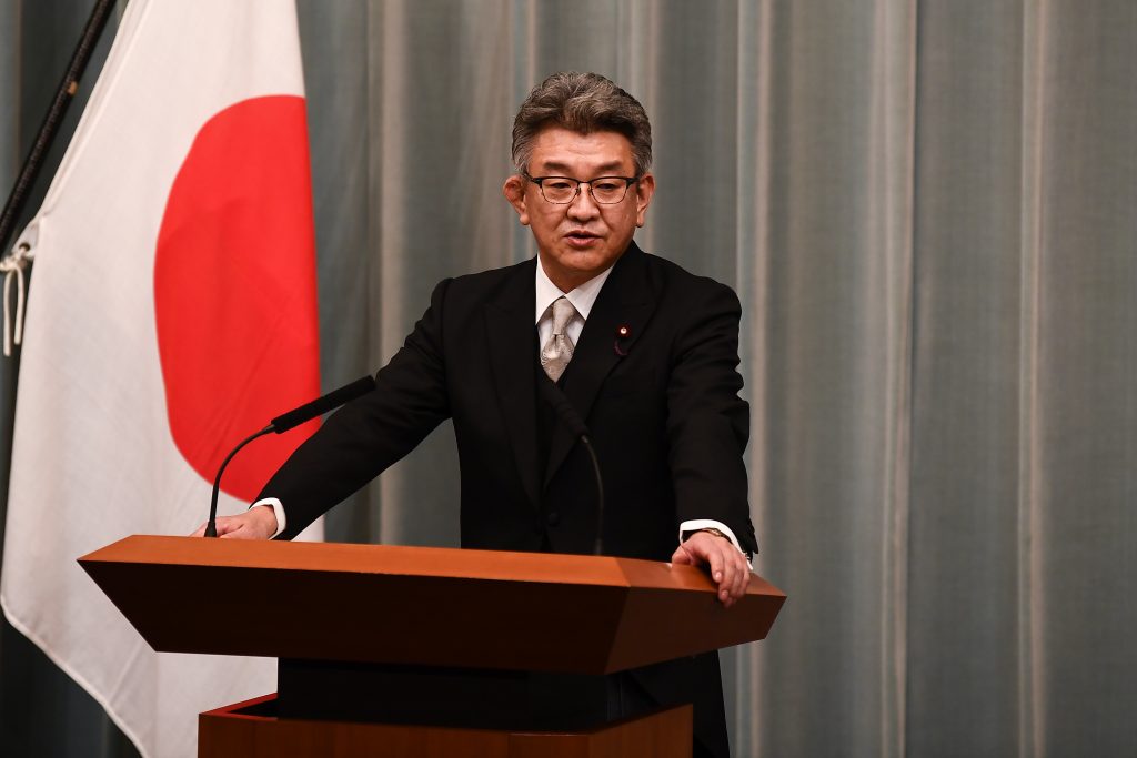 Newly appointed Japan's internal affairs and communications minister Ryota Takeda delivers a speech during a press conference at the Prime Minister's office in Tokyo, Sep. 16, 2020. (AFP) 