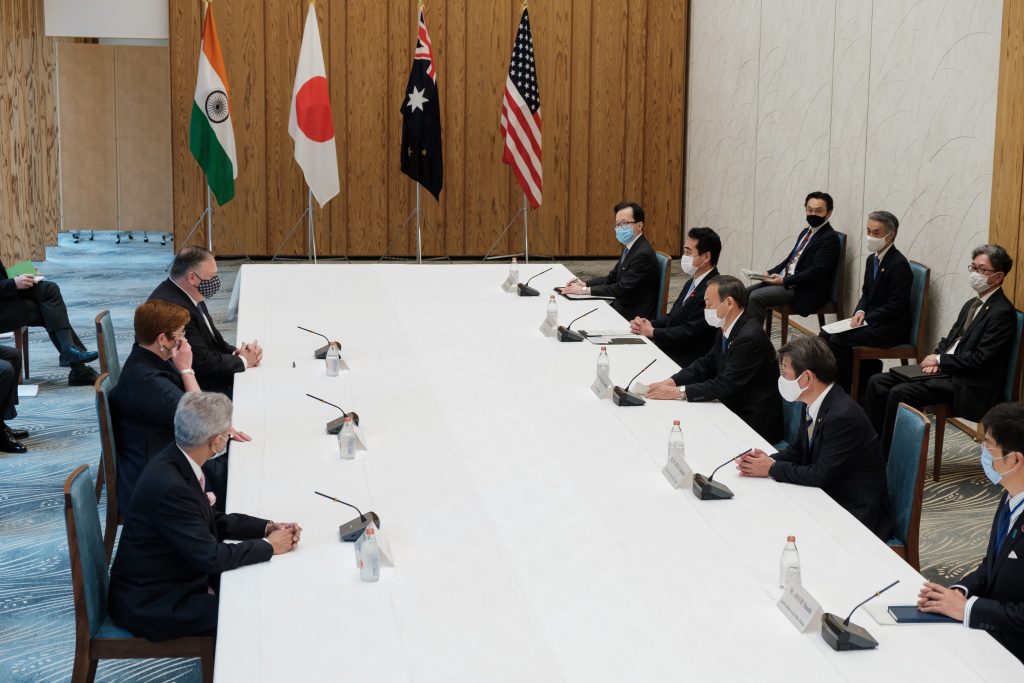 India's Foreign Minister Subrahmanyam Jaishankar (lower L), Japan's Foreign Minister Toshimitsu Motegi (2nd R), Japan's Prime Minister Yoshihide Suga (centre R), Australia's Foreign Minister Marise Payne (centre L) and US Secretary of State Mike Pompeo (top L) attend a Quad Indo-Pacific meeting at the prime minister's office in Tokyo on October 6, 2020 in Tokyo. (AFP)