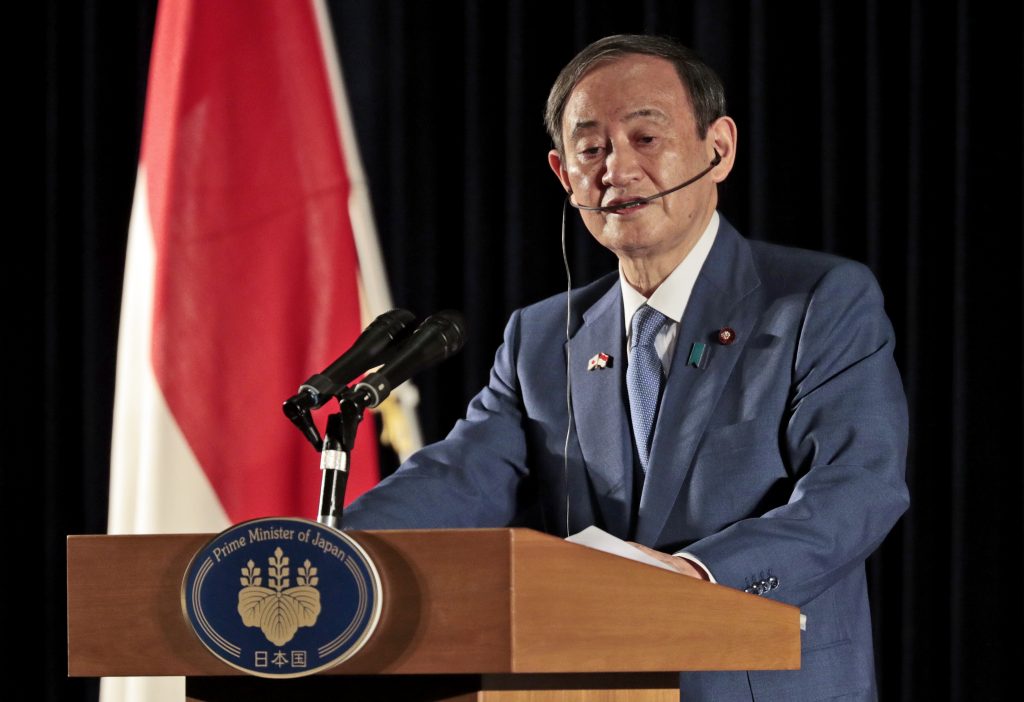 Japanese Prime Minister Yoshihide Suga addresses the media during a press conference in Jakarta on October 21, 2020. (AFP)