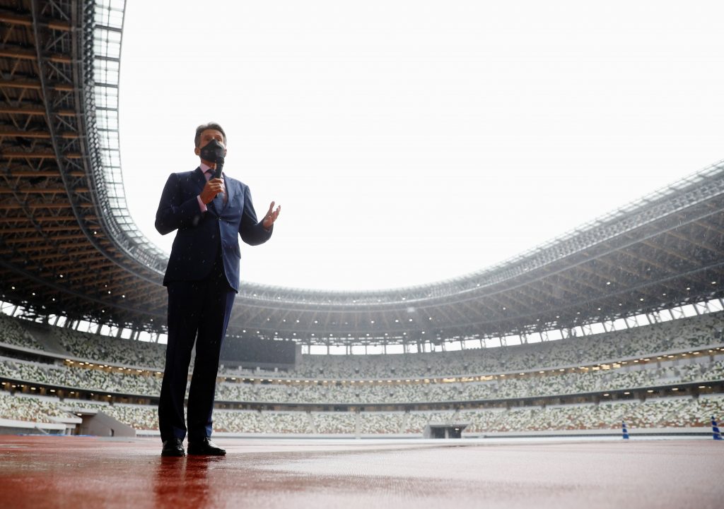 World Athletics President Sebastian Coe wearing a protective face mask speaks to media as he inspects at the National Stadium, the main stadium of Tokyo 2020 Olympics and Paralympics, amid the coronavirus disease (COVID-19) outbreak in Tokyo, Japan Oct. 8, 2020. (File photo/Reuters)