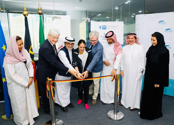 In this photo taken in March 2020 and published in the GESALO website, the German consul general in Jeddah, Holger Ziegeler, along with leaders of the Jeddah Chamber and a German delegate, open the GESALO office in Jeddah. (GESALO file photo)