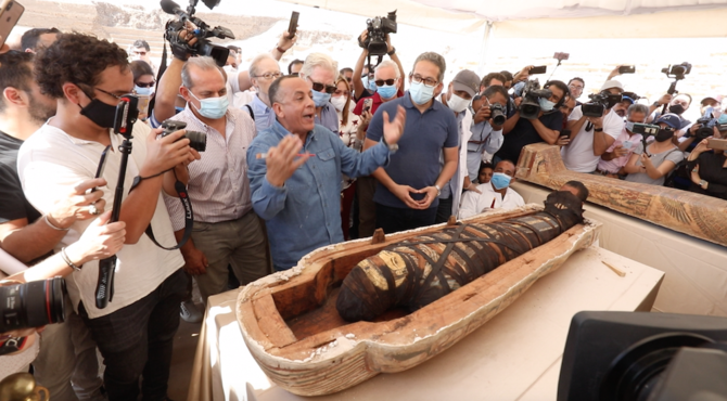 Archaeologists in Egypt have announced one of the most dramatic finds in decades after 59 sealed sarcophagi were uncovered from the ancient necropolis of Saqqara, outside Cairo. (AN Photo/Mohamed Mosaad)