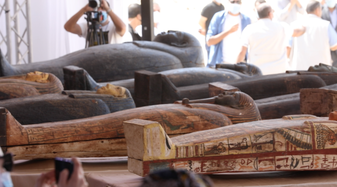 Archaeologists in Egypt have announced one of the most dramatic finds in decades after 59 sealed sarcophagi were uncovered from the ancient necropolis of Saqqara, outside Cairo. (AN Photo/Mohamed Mosaad)