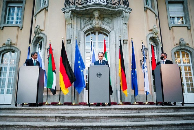 UAE Foreign Minister Abdullah bin Zayed (L), and Israeli Foreign Minister Gabi Ashkenazi, stand in front of Villa Borsig, Tuesday, Oct. 6, 2020, in Berlin, Germany. The foreign ministers of the UAE and Israel met for the first time. (WAM)