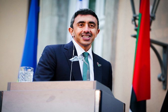 UAE Foreign Minister Abdullah bin Zayed speaks at a press conference in front of Villa Borsig, Tuesday, Oct. 6, 2020, in Berlin, Germany. (WAM)