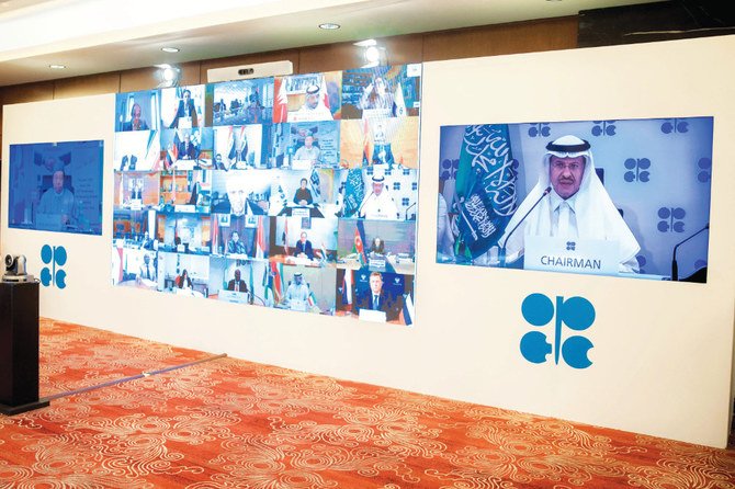 Saudi Energy Minister Prince Abdul Aziz bin Salman chairs the virtual extraordinary meeting of OPEC and non-OPEC countries earlier this year. (AFP)