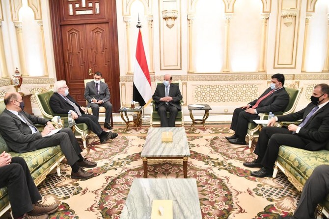 Yemeni President Abed Rabbo Mansour Hadi met UN special envoy to Yemen Martin Griffiths in the Saudi capital Riyadh, Saudi Arabia on Monday, Oct. 12, 2020. (Twitter/@HadiPresident)