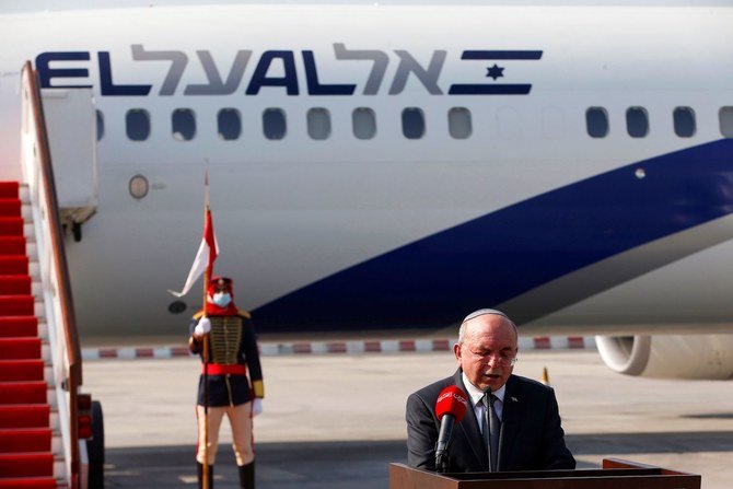Head of Israel's National Security Council Meir Ben-Shabbat delivers a statement upon his arrival at the Bahraini International Airport on October 18, 2020. (AFP)