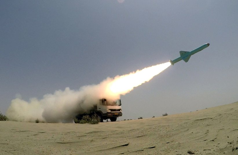 An Iranian manufactured cruise missile is fired during war games near the Straits of Hormuz, Iran, June 17, 2020. (Reuters)