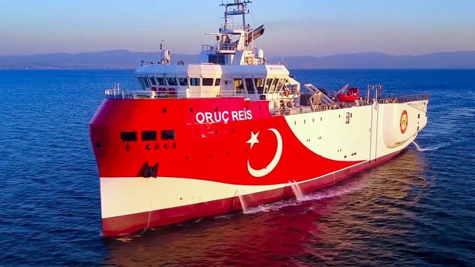 This handout photograph released by the Turkish Defence Ministry on August 12, 2020, shows Turkish seismic research vessel 'Oruc Reis' heading in the west of Antalya on the Mediterranean Sea. (File/AFP)