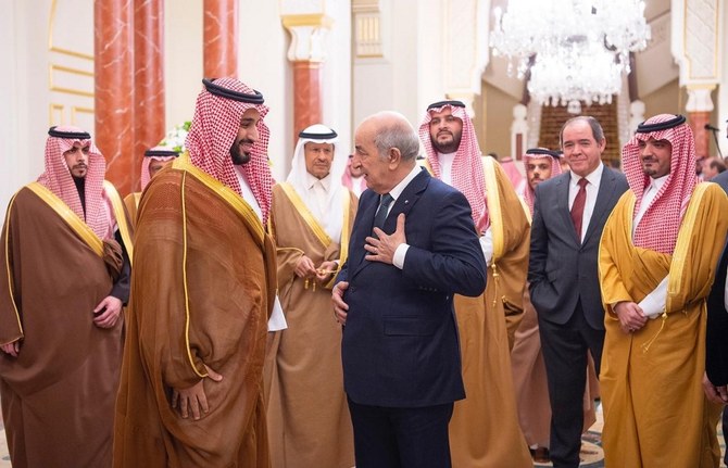 Saudi Crown Prince Mohammed bin Salman (L) receiving Algerian President Abdelmadjid Tebboune in Riyadh on February 26, 2020. (File/AFP)