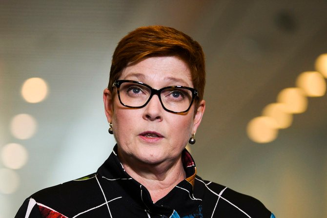 Australian Foreign Minister Marine Payne speaks during a press conference at Parliament House in Canberra, Monday, Oct. 26, 2020. (AP Photo)