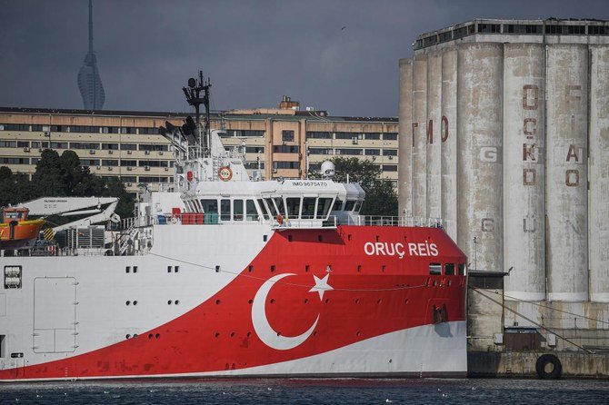 The Turkish General Directorate of Mineral research and Exploration's (MTA) Oruc Reis seismic research vessel which searches for hydrocarbon, oil, natural gas and coal reserves at sea is docked at Haydarpasa port. (File/AFP)