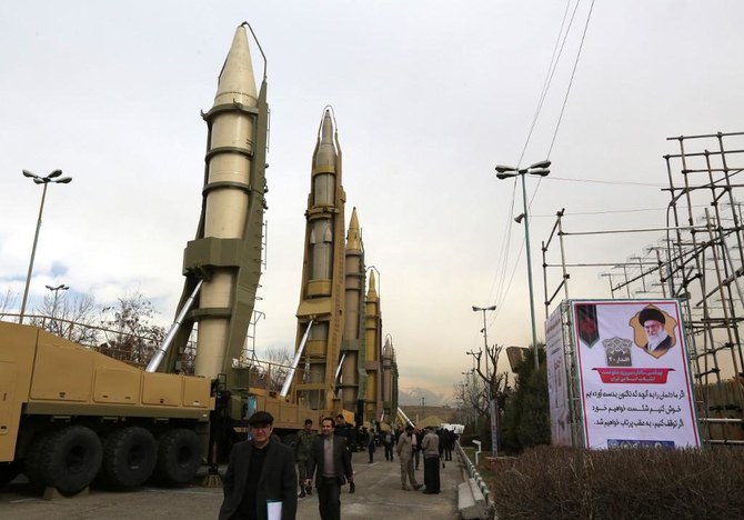 Iranians visiting a weaponry and military equipment exhibition in the capital Tehran, organised on the occasion of the 40th anniversary of the Iranian revolution on February 2, 2019. (File/AFP)