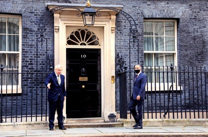 Al-Khadimi met the UK leader at Downing Street as part of a European tour. (@IraqiPMO)