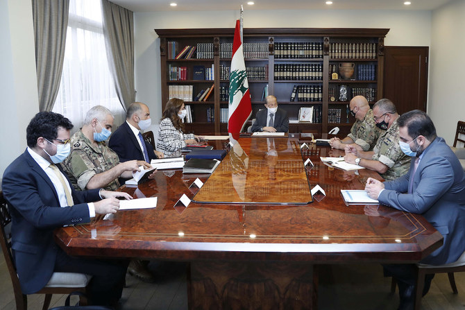 Lebanon’s President Michel Aoun meets with caretaker Minister of Defense Zeina Akar and other delegates to discuss talks with Israel on disputed waters, Baabda, Lebanon, Oct. 13, 2020. (Reuters)