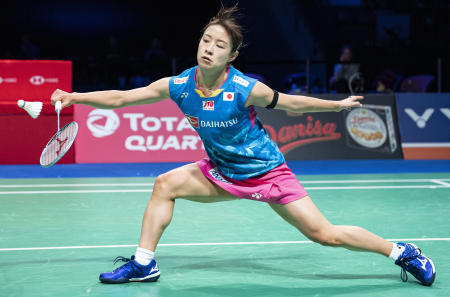 Japan's Nozomi Okuhara in action against Spain's Carolina Marin in the Women's Singles final match at the Danisa Denmark Open Badminton in Odense, Denmark, Sunday Oct. 18, 2020. (AP)