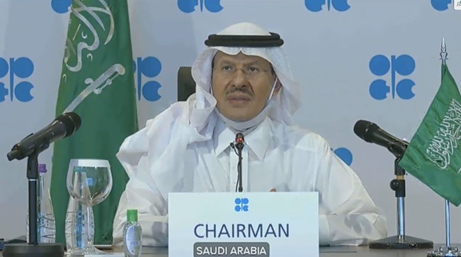 Saudi Energy Minister Prince Abdulaziz bin Salman said no one should doubt the commitment of OPEC+ to tackle the current challenges. (Screengrab)