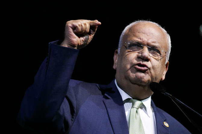 In this Oct. 28, 2019 file photo, Chief Palestinian negotiator Saeb Erekat speaks at the J Street National Conference, in Washington. Erekat on Monday, Oct. 19, 2020, was in critical condition and breathing with a ventilator after his coronavirus infection worsened overnight, said the Israeli hospital treating him. (AP)