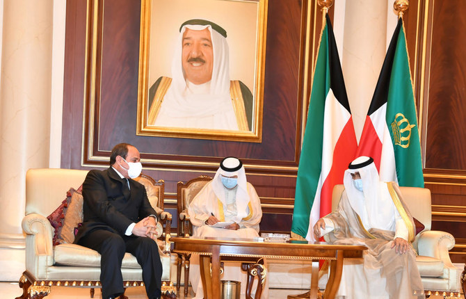 Egyptian President Abdel Fattah El-Sisi offers condolences to Kuwait's new Emir Nawaf Al-Ahmad Al-Sabah on the death of late Emir Sheikh Sabah Al-Ahmad Al-Sabah, in Kuwait City, on October 1, 2020. (Kuwait News Agency/Reuters)